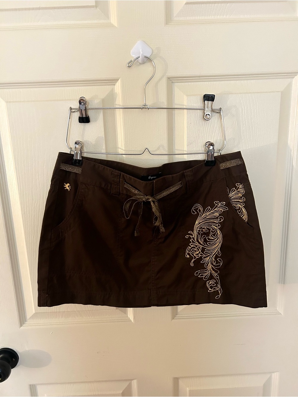 Y2K Express Mini Skirt Brown Gold Embroidery Size 12 Tie Waist NWT